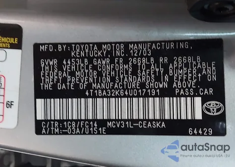 2004 Toyota Camry Se V6 z USA, uszkodzony, nr VIN 4T1BA32K64U017191